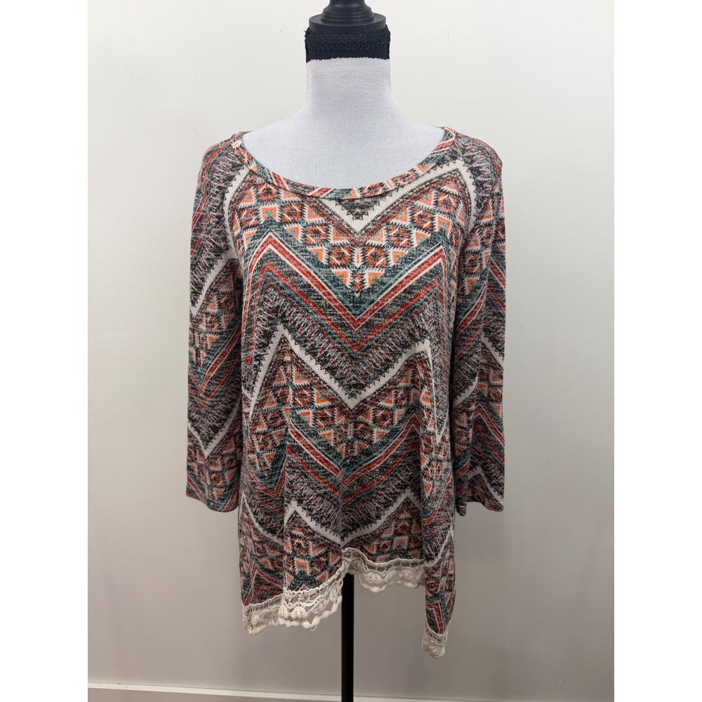 Absolutely Famous Womens Chevron Print Lace Trim Sharkbite Top Multi Color Large